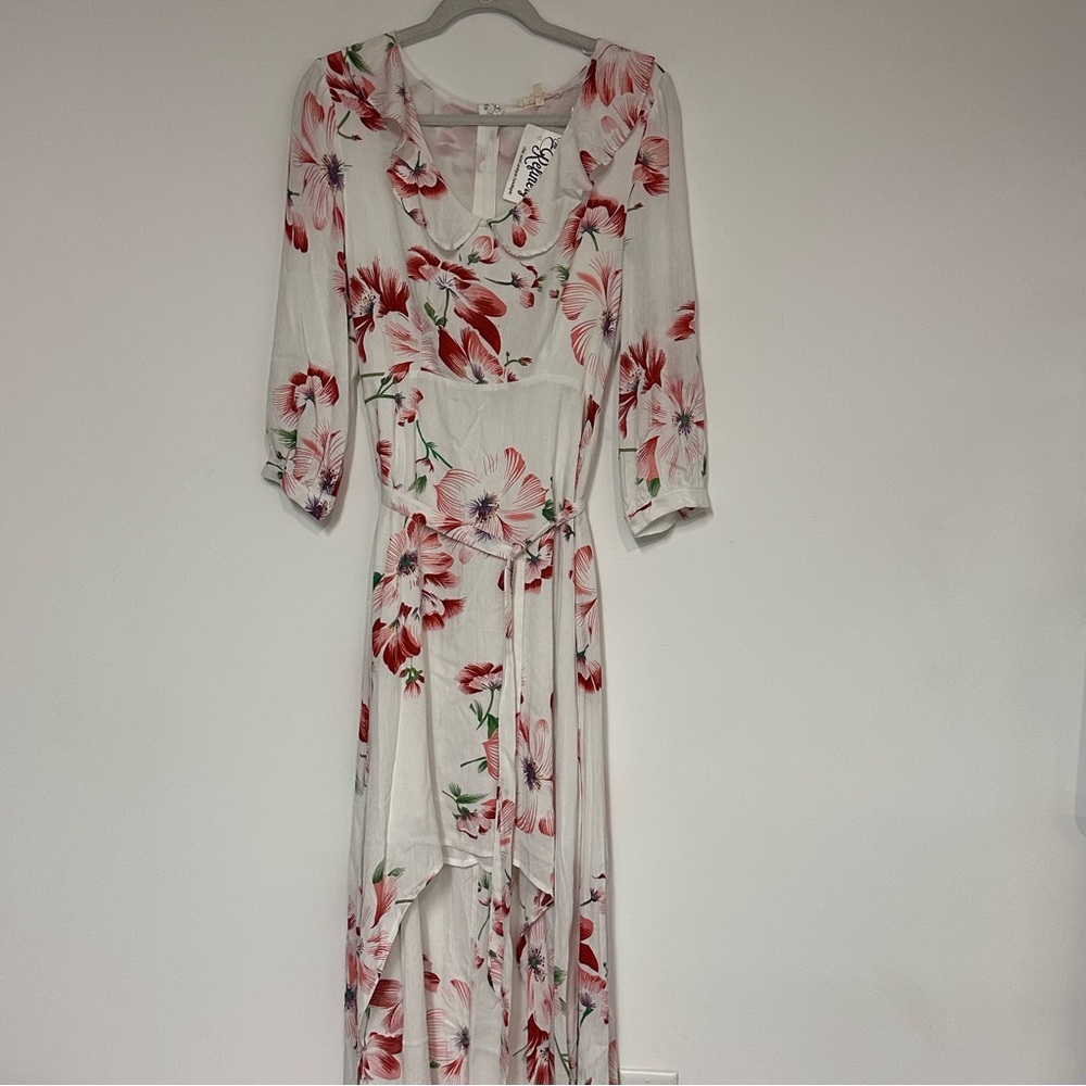 Promesa Cottagecore White Floral High Low Belted Ruffled Trim Maxi Dress Medium - Picture 2 of 9